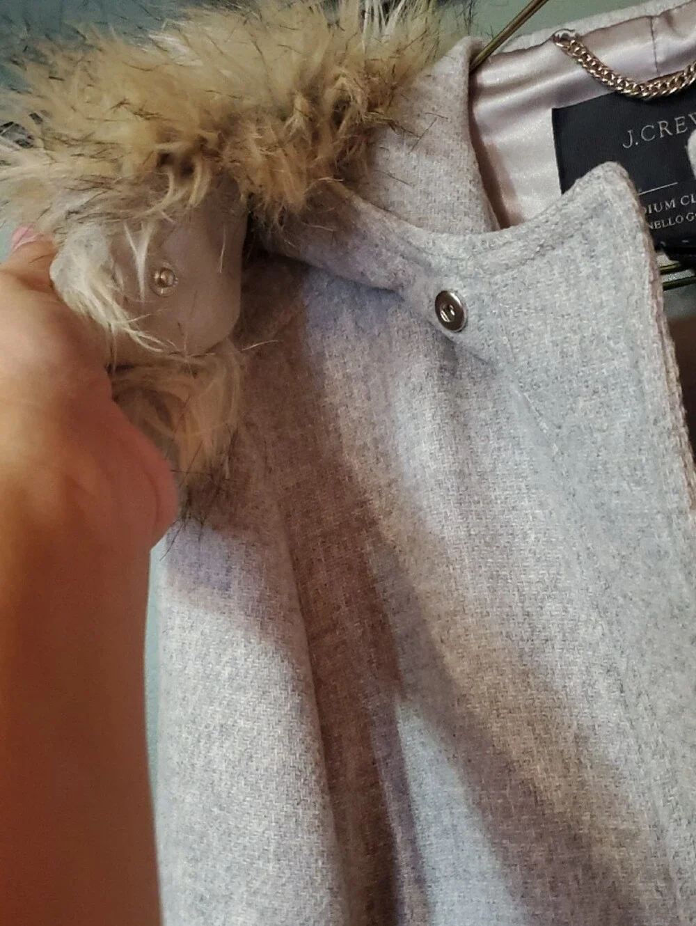 J. Crew Light Gray Wool-Blend Trench Coat with Faux Fur Hood